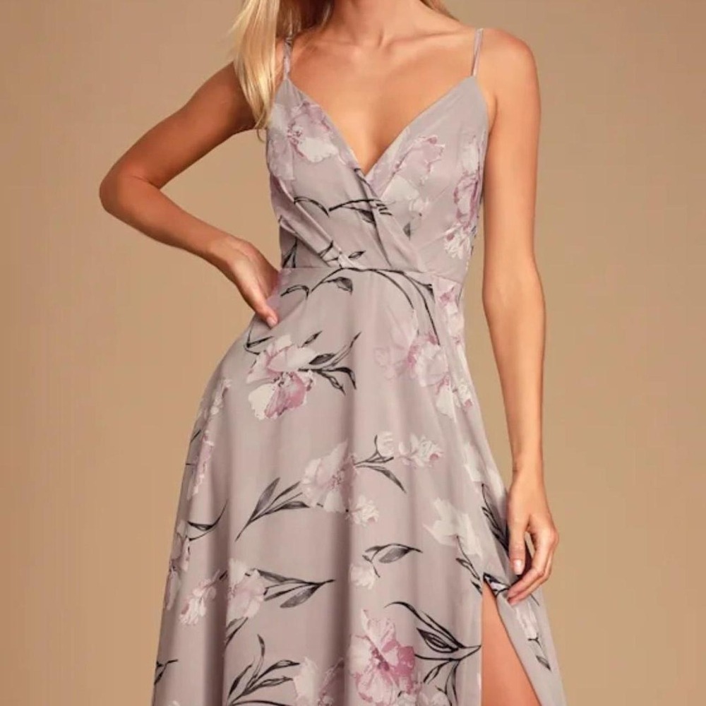 Lulus Dusty Lavender Floral Midi Dress‎ V Neck Wrap Slit Romantic Cottagecore M
